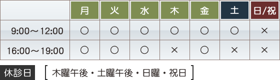 平日 午前9:00～12:00 午後16:00～19:00 ※木曜日は午前のみ 土曜日 午前9:00～12:00 日曜日・祝日 休診